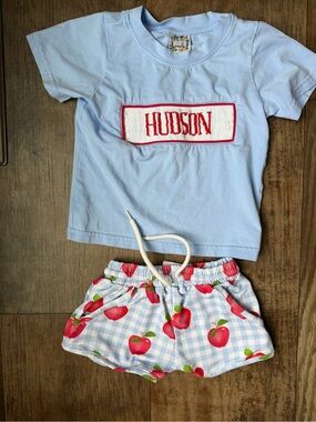 Saving Grace Smocked “Hudson” Apple Gingham Shorts Set 24M Boutique Outfit #012
